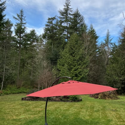 Large Red cantilever patio umbrella with base and protective sleeve - Image 2 of 6