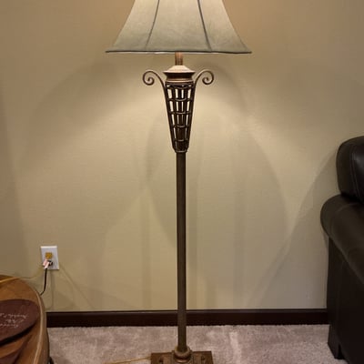 Floor lamp with decorative metal base and fabric shade - Image 1 of 6