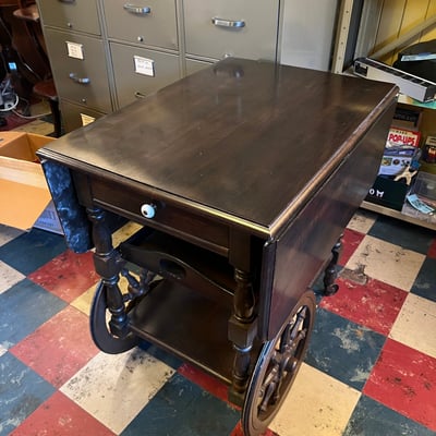 Vintage wooden rolling tea bar cart drop leaf side table w drawer tray - Image 3 of 15