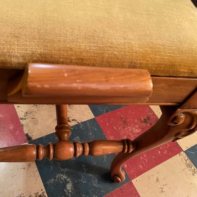 Vintage carved wooden bench with upholstered seat - Image 6 of 8