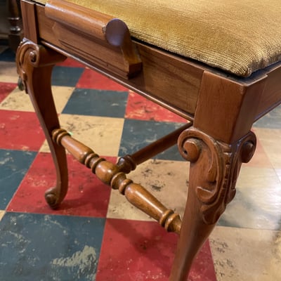 Vintage carved wooden bench with upholstered seat - Image 2 of 8
