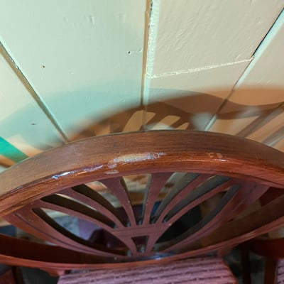 Four carved wooden dining chairs with rose upholstery - Image 10 of 12