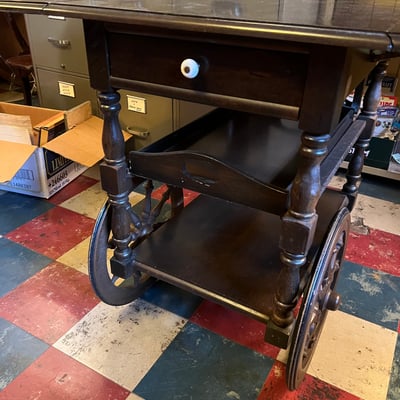 Vintage wooden rolling tea bar cart drop leaf side table w drawer tray - Image 1 of 15