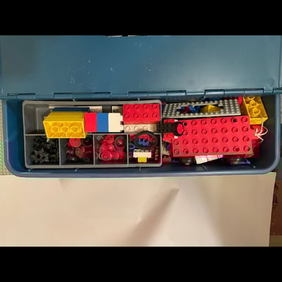 Assorted Vintage 1974 LEGO bricks and accessories in blue storage tub - Image 3 of 8