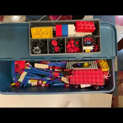 Assorted Vintage 1974 LEGO bricks and accessories in blue storage tub - Image 1 of 8