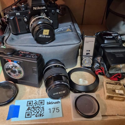 Nikon film camera with lenses and accessories - Image 1 of 7