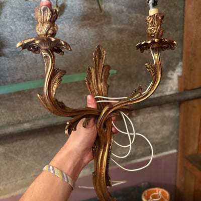 Mid-Century Louis XV Rocaille Style gilt bronze sconces, plus fabric lampshades, bulbs, and accessories  - Image 1 of 9