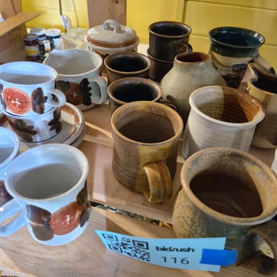 Assorted handmade ceramic mugs and pitcher - Image 1 of 7