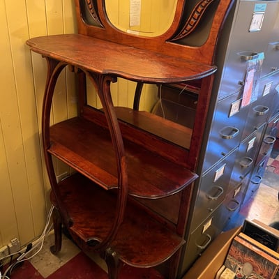 Antique Victorian mahogany etagere 3-tier shelf with beveled mirror and curved legs - Image 1 of 12