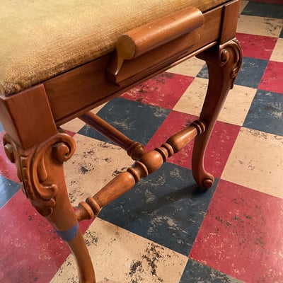 Vintage carved wooden bench with upholstered seat - Image 3 of 8