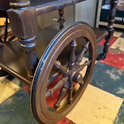 Vintage wooden rolling tea bar cart drop leaf side table w drawer tray - Image 8 of 15