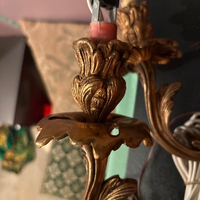 Mid-Century Louis XV Rocaille Style gilt bronze sconces, plus fabric lampshades, bulbs, and accessories  - Image 2 of 9