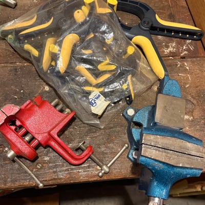 Blue bench vise, red mini vise, and assorted clamps and grips - Image 1 of 4