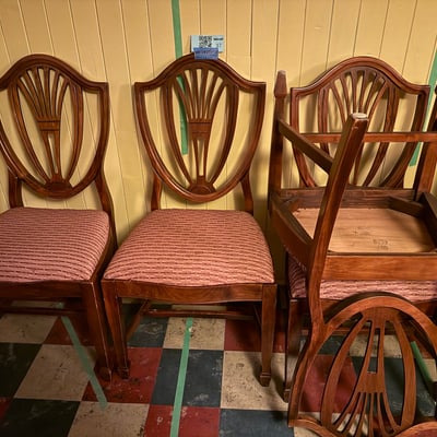 Four carved wooden dining chairs with rose upholstery - Image 1 of 12