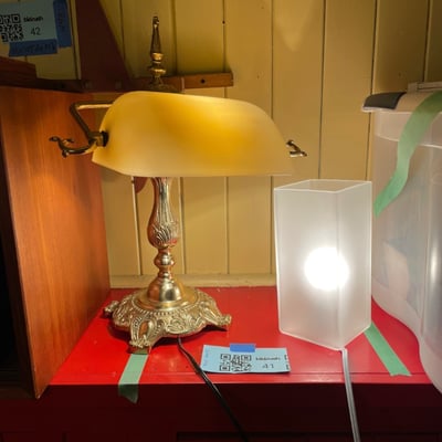 Vintage bankers table lamp with amber shade and frosted shade lamp - Image 1 of 11
