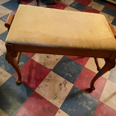 Vintage carved wooden bench with upholstered seat - Image 1 of 8