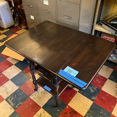 Vintage wooden rolling tea bar cart drop leaf side table w drawer tray - Image 2 of 15