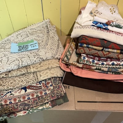 Assorted vintage textiles and a brown zippered pouch - Image 1 of 14
