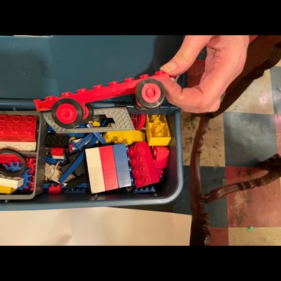 Assorted Vintage 1974 LEGO bricks and accessories in blue storage tub - Image 4 of 8