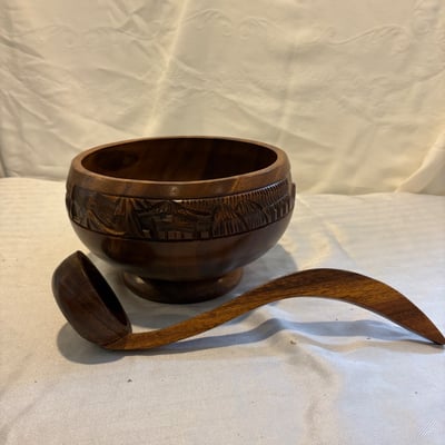 Tiki Style Monkey Pod Wooden Carved Punch Bowl Set  - Image 2 of 6