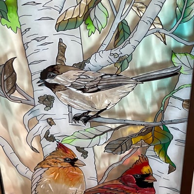 Stained painted glass panel with birds on a birch tree - Image 2 of 5