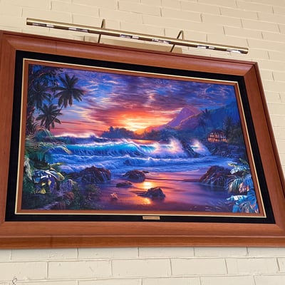 Framed Painting and display light, signed - Image 1 of 11