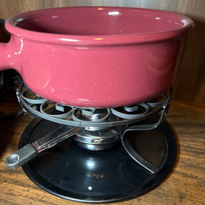 Vintage kitchenware collection: glass segmented serving tray, ceramic pot on burner stand, carved wooden serving piece, and metal scroll trivet - Image 3 of 6