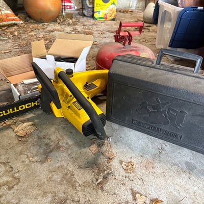 McCulloch chainsaw and Sears Craftsman belt sander with rotisserie kit and safety can - Image 8 of 15
