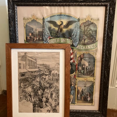 Set of framed art prints including Order United American Mechanics and city street scene - Image 1 of 9
