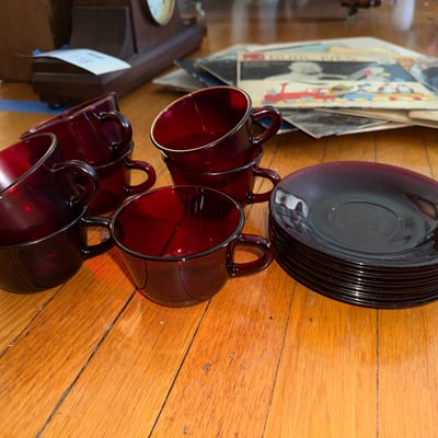 Anchor Hocking Vintage Cranberry glass dishware set (cups, bowls, plates) - Image 6 of 12
