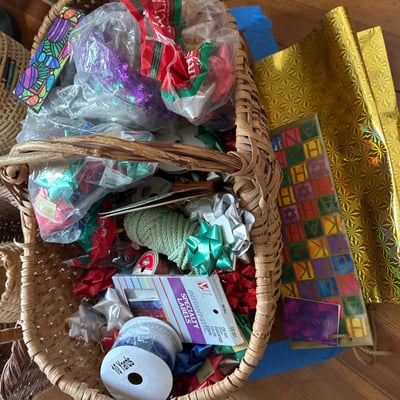 Assorted wicker baskets with gift wrap supplies - Image 2 of 7