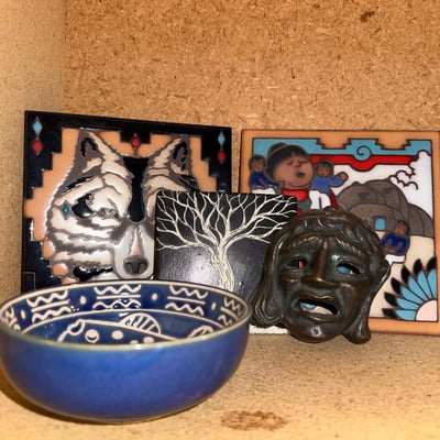 Assorted decorative tiles, ceramic bowl, mask - Image 1 of 7