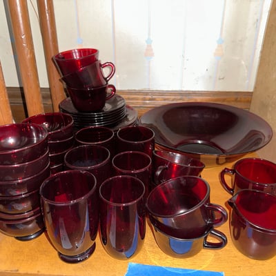 Anchor Hocking Vintage Cranberry glass dishware set (cups, bowls, plates) - Image 1 of 12