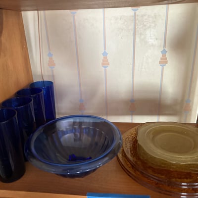 Cobalt blue glassware and amber pressed-glass plates - Image 1 of 9