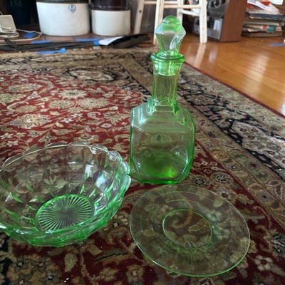 Uranium glass decanter,bowl, more  - Image 1 of 8