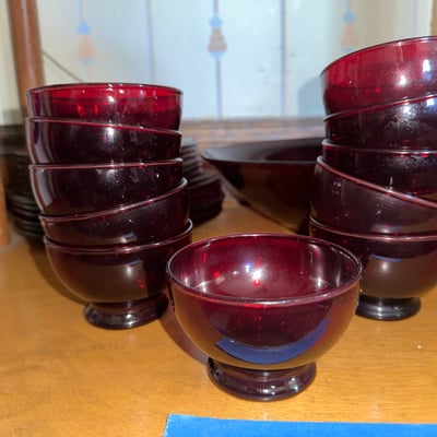 Anchor Hocking Vintage Cranberry glass dishware set (cups, bowls, plates) - Image 7 of 12