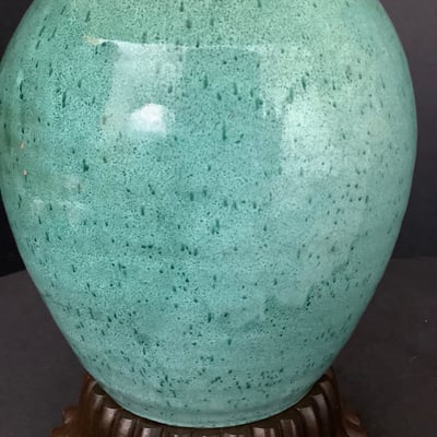 Ceramic Teal Lamp w/ Wood Base - Image 4 of 6
