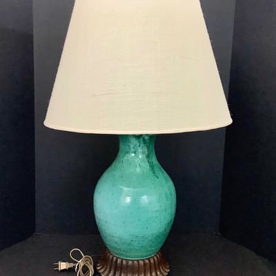 Ceramic Teal Lamp w/ Wood Base - Image 1 of 6