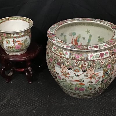 Chinese Rose Medallion Fish Bowls & Stand - Image 1 of 15