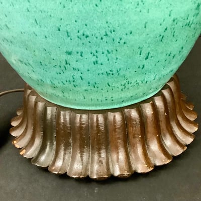Ceramic Teal Lamp w/ Wood Base - Image 5 of 6
