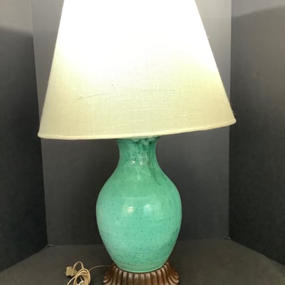 Ceramic Teal Lamp w/ Wood Base - Image 2 of 6