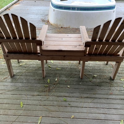 Outdoor wooden Adirondack seating set with two chairs and a central bench - Image 3 of 3