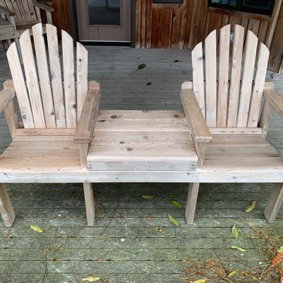 Outdoor wooden Adirondack seating set with two chairs and a central bench - Image 1 of 3