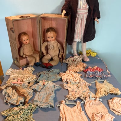 3 Vintage dolls with clothing and storage boxes - Image 1 of 10