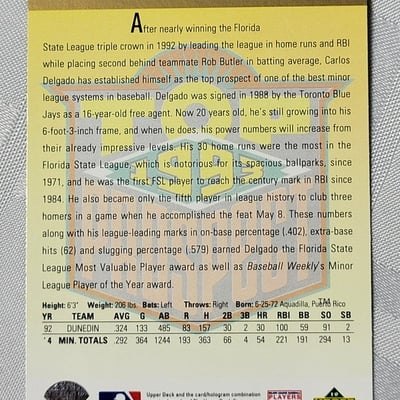 1993 Upperdeck Carlos Delgado Blue Jays Rookie Card  - Image 7 of 9