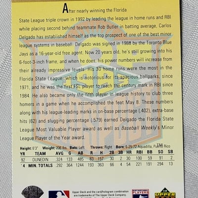 1993 Upperdeck Carlos Delgado Blue Jays Rookie Card  - Image 2 of 9