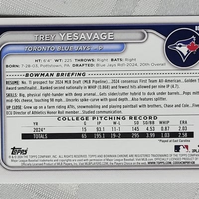2024 Topps Trey Yesavage Rookie Card Blue Jays - Image 2 of 11