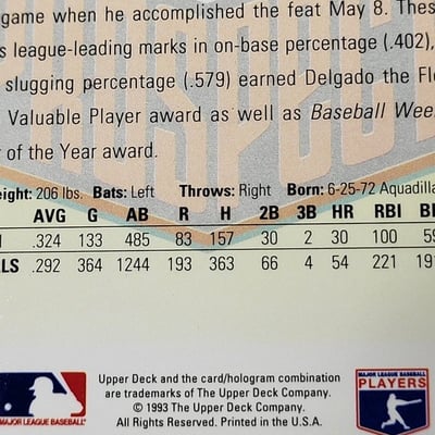 1993 Upperdeck Carlos Delgado Blue Jays Rookie Card  - Image 8 of 9