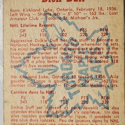 1960-61 Parkhurst Dick Duff Leafs Card  - Image 5 of 11
