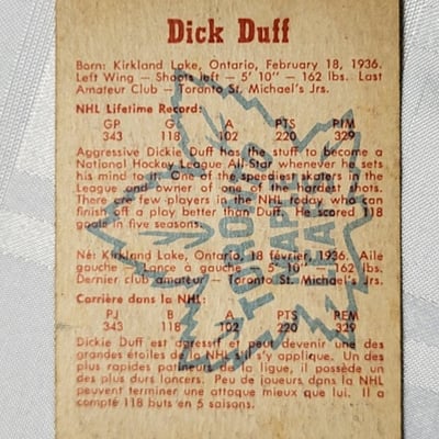 1960-61 Parkhurst Dick Duff Leafs Card  - Image 7 of 11